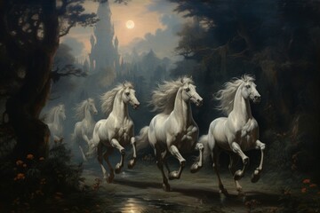Elusive centaurs galloping through moonlit meadows - Generative AI - obrazy, fototapety, plakaty