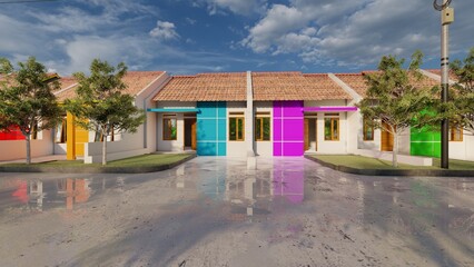 Architectural 3D rendering illustration of modern minimal house with garage and natural scenery background