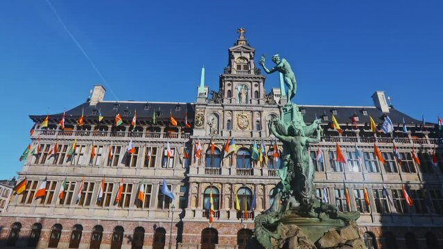 The City Hall (Dutch: Stadhuis van Antwerpen) of Antwerp, Belgium. High quality 4k footage