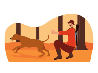 Fototapeta premium Man hunting with dog. Hunter vector illustration.
