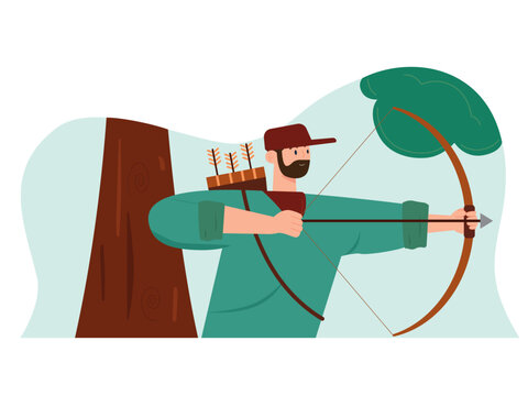 Man is hunting with a bow. Hunter vector illustration.