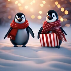 A penguin couple in matching Christmas scarves, sharing a fishy holiday dinner2