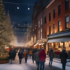 Obraz premium A bustling city street with holiday lights, shoppers, and storefront displays4