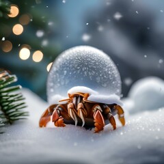 A tiny hermit crab in a winter wonderland with a shell decorated like a snow globe4 - obrazy, fototapety, plakaty