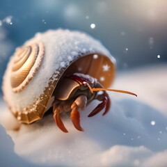 A tiny hermit crab in a winter wonderland with a shell decorated like a snow globe1