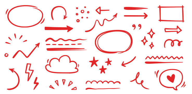 Hand drawn red line star sparkle, emphasis, underline element set. Hand drawn doodle text highlight, underline, arrow red pen stroke style. Scribble text decoration element set. Vector illustration.