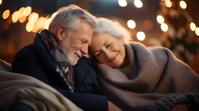 old senior elderly couple cuddling togther