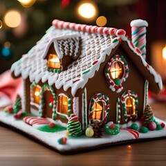 A close-up of a gingerbread house with intricate icing and candy decorations5
