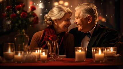 Obraz na płótnie Canvas elderly couple celecbrating in the restaurant dinner for two