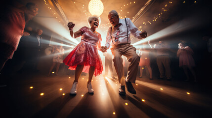 Older energetic couple out at a club dancing and having a great time