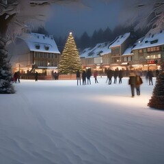A snowy village square with an ice-skating rink and a giant Christmas tree2