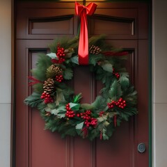 Fototapeta na wymiar A classic red and green wreath hanging on a door with a big festive bow2