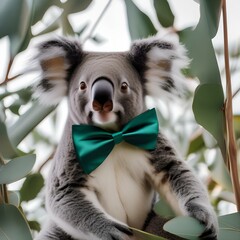 A koala munching on eucalyptus leaves while wearing a Christmas bowtie3 - obrazy, fototapety, plakaty