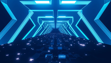 Cyberspace Tunnel With Technological Surface. Sci-Fi Scene Without People. Retro Style. Tomorrow Aesthetic For Banners, Posters, Templates. Fashion Render Design. 3D Illustration. - 662528174