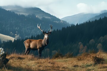 a royal deer on the edge of a forest, a strong majestic red deer in nature. generative AI