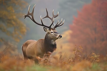 a royal deer on the edge of a forest, a strong majestic red deer in nature. generative AI