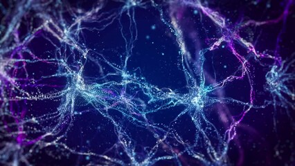Blue technology neuron grid particles, medical experimental research, features active neurons pulsing inside a Brain's neural network, It is perfect for medical, science or health related projects. - Powered by Adobe