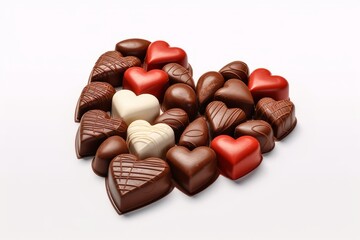 A group of heart shaped chocolates on a white background. Generative AI. 