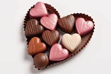 A group of heart shaped chocolates on a white background. Generative AI. 