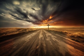 Naklejka premium Dramatic Sunset Sky Over Open Road Landscape