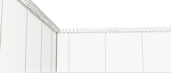 The fence is a wire mesh lattice, with barbed wire wrapped on top to restrict climbing.