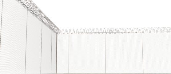 The fence is a wire mesh lattice, with barbed wire wrapped on top to restrict climbing.