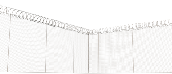 The fence is a wire mesh lattice, with barbed wire wrapped on top to restrict climbing.