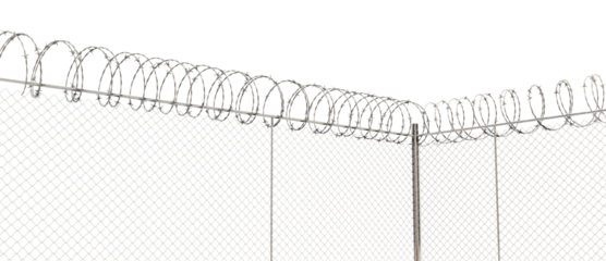 The fence is a wire mesh lattice, with barbed wire wrapped on top to restrict climbing.