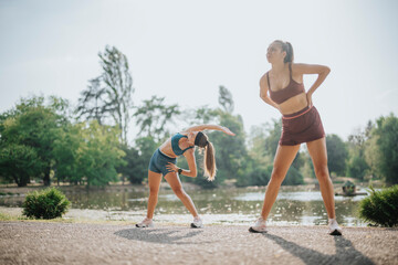 Attractive athletes in nature, inspiring a healthy lifestyle through outdoor fitness. Fit girls stretching, warming up for a workout in a green park.