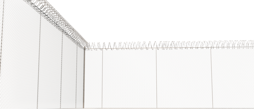 The fence is a wire mesh lattice, with barbed wire wrapped on top to restrict climbing.