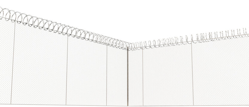 The fence is a wire mesh lattice, with barbed wire wrapped on top to restrict climbing.