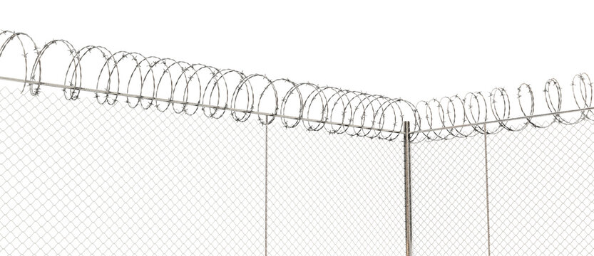 The fence is a wire mesh lattice, with barbed wire wrapped on top to restrict climbing.