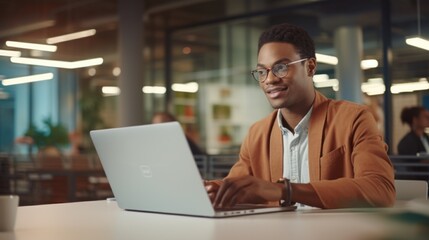 African-American male businessman in office with laptop