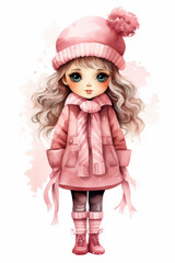 Watercolor illustration of a little blond haired girl wearing pink hooded coat, pink scarf, pink hat. Christmas concept.