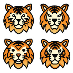 Set of cute tigers face, cartoon tiger animal portraits, vector illustration isolated