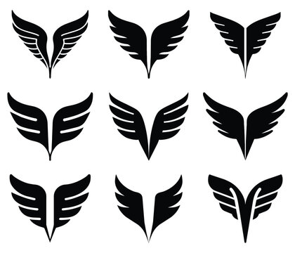 Black wings icons, wing badges, silhouette wing icon, vector illustration isolated