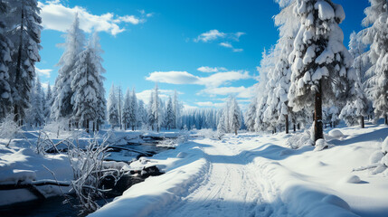 Pine trees covered with snow in a Christmas atmosphere, photo realistic, 4K resolution