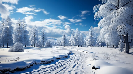 Pine trees covered with snow in a Christmas atmosphere, photo realistic, 4K resolution