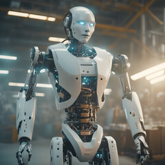 humanoid robot working with a machine in a factory generative ai
