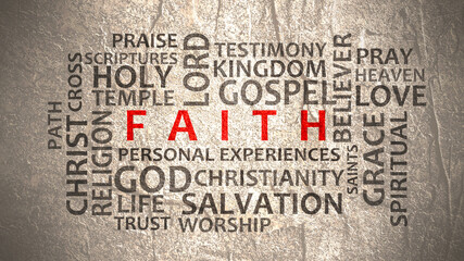 Faith theme typography graphic work, consisting of important words and concepts.