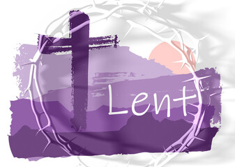 Grunge style christian cross for Ash Wednesday web banner or social graphic. The first day of Lent is a holy day of prayer and fasting. Brush paint backdrop