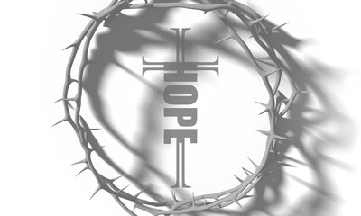 Hope word in the shape of a cross and crown of thorns. Christian, religious and church typography concept. Design with christian icon hope.
