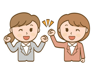 ガッツポーズで頑張るぞ！_頑張ろうと応援をするスーツ姿の女性会社員2人