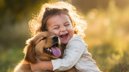 Small girl happily hugging her fluffy puppy