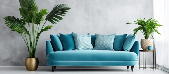 Obraz premium Modern and stylish living room with blue velvet sofa design furniture plant table decoration concrete floor elegant personal accessories in home decor With copyspace for text