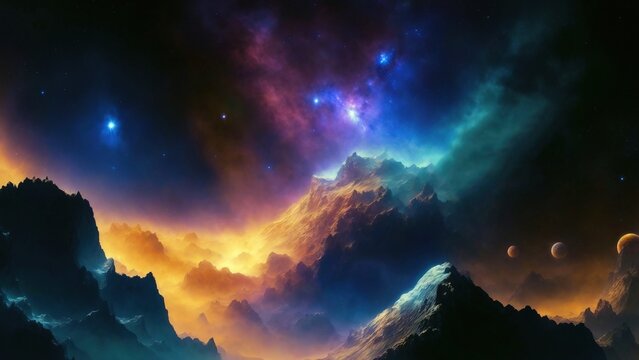 Nebula seen from mountain. Gascloud. Cosmic art. Galactic art. 4K - 8K - 12K TV. Generative AI.