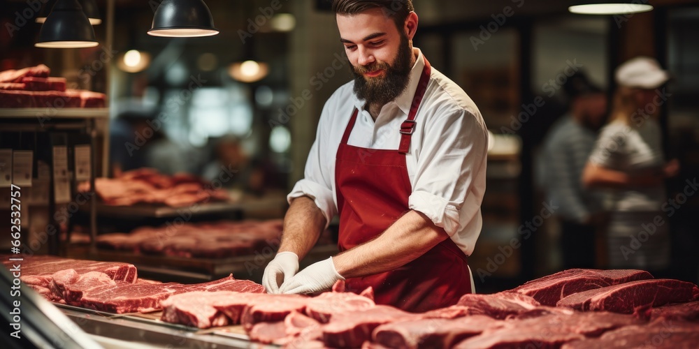 Sticker butcher is working in modern meat shop, generative AI