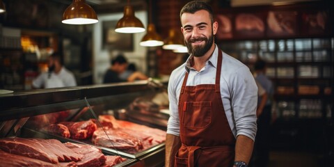 butcher is working in modern meat shop, generative AI