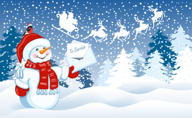 Christmas Snowman with Santa letter against winter forest background and Santa Claus in sleigh with reindeer team flying in the sky.