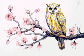 owl perched on a tree in sketch, in yellow and pink style, simple design 3d rendering AI generative 